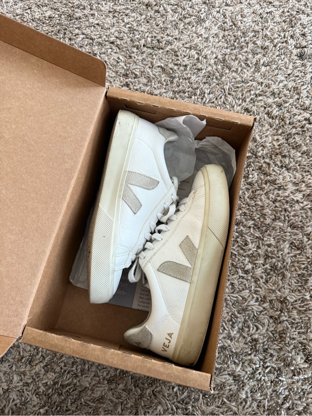 Veja White Leather Sneakers with Beige Suede V Detail